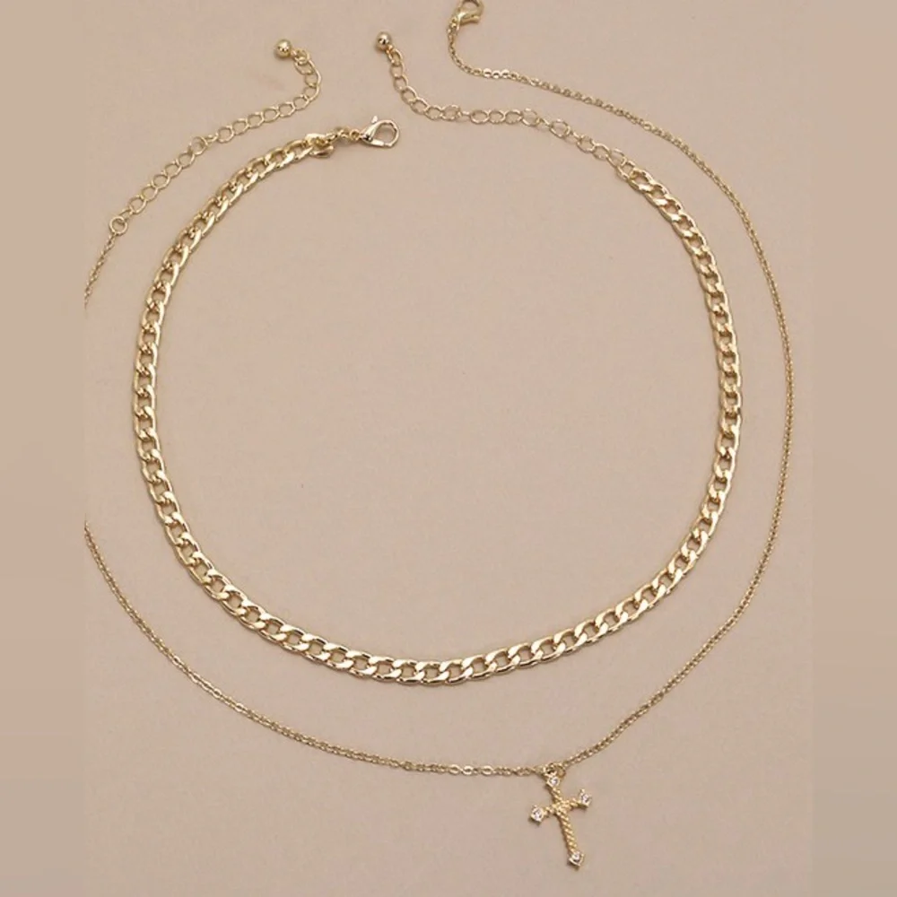 DOUBLE LAYER CROSS CHARM PENDANT NECKLACE gold plated set